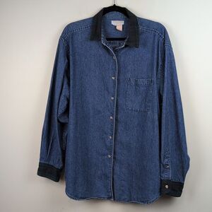 Vintage Brooks Brothers Cotton Denim Button Front Shirt Plaid Details Size L